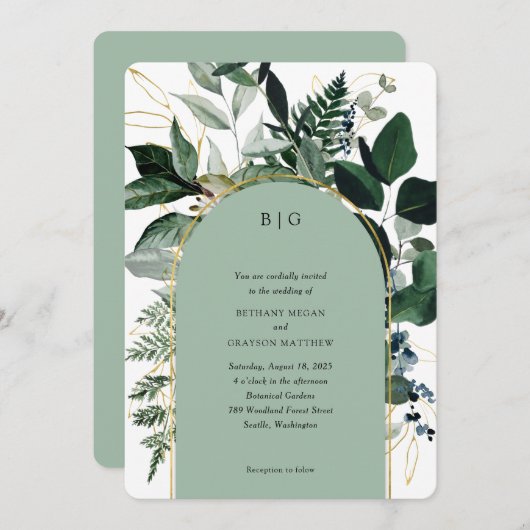 Modern Sage green elegant arch garden Invitation Kaart (Voorkant / Achterkant)