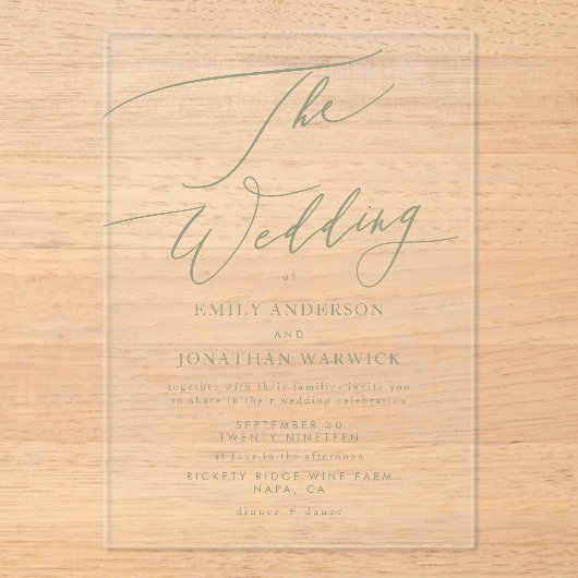 Modern Sage Green Elegant Wedding Acryl Uitnodigingen (Voorkant)