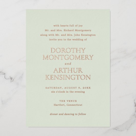 Modern Sage Green Elegant Wedding Folie Uitnodiging (Voorkant)
