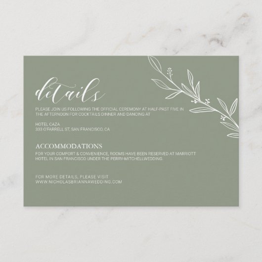 Modern Sage Green Elegant Wedding Minimal Details Informatiekaartje (Voorkant)