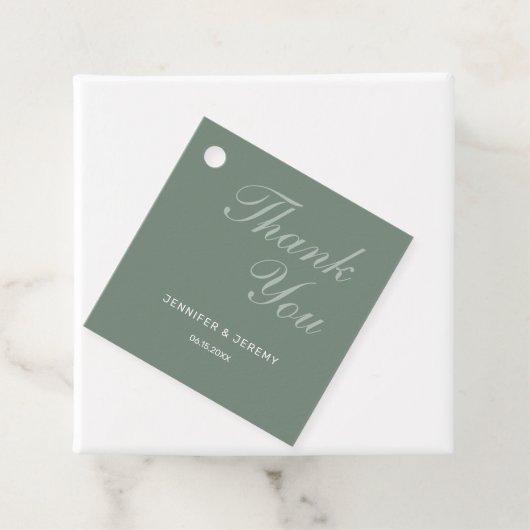 Modern Sage Green Elegant White Script Wedding Bedankjes Labels (In situ)