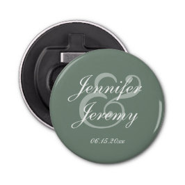 Modern Sage Green Elegant White Script Wedding Button Flesopener