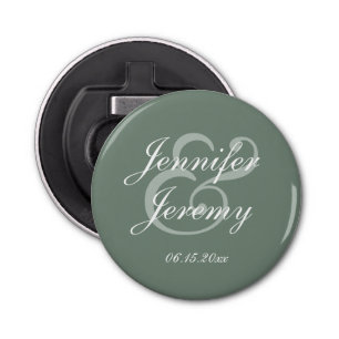 Modern Sage Green Elegant White Script Wedding Button Flesopener