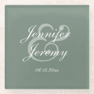 Modern Sage Green Elegant White Script Wedding Glazen Onderzetter