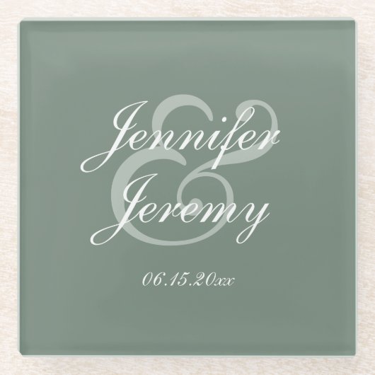Modern Sage Green Elegant White Script Wedding Glazen Onderzetter (Voorkant)