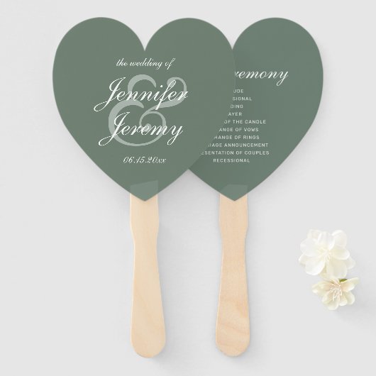 Modern Sage Green Elegant White Script Wedding Handwaaier (Voorkant en achterkant)