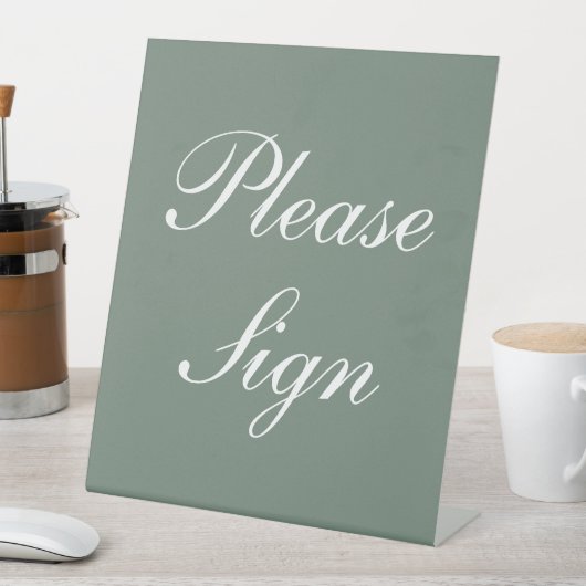 Modern Sage Green Elegant White Script Wedding Reclamebord Met Voetstuk (Insitu)