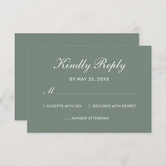 Modern Sage Green Elegant White Script Wedding RSVP Kaartje (Voorkant / Achterkant)
