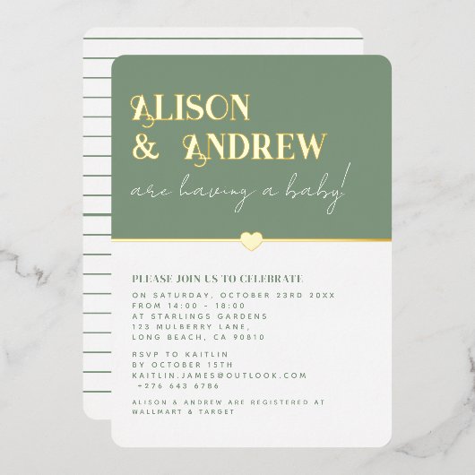Modern Sage Green en Gold Couple's Baby shower Folie Uitnodiging (Voorkant / Achterkant)