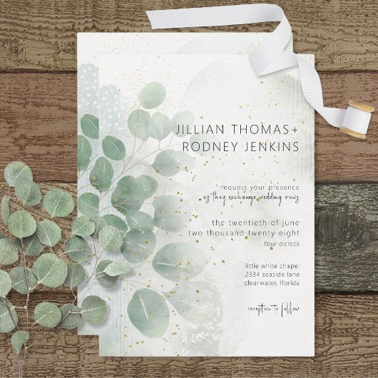 Modern Sage Green Eucalyptus & Gold Wedding Kaart