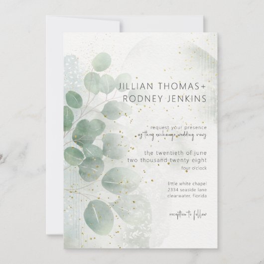 Modern Sage Green Eucalyptus & Gold Wedding Kaart (Voorkant)