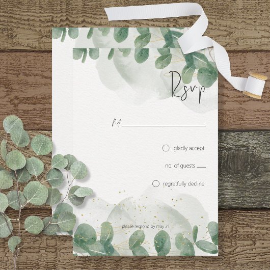 Modern Sage Green Eucalyptus & Gold Wedding RSVP Kaartje