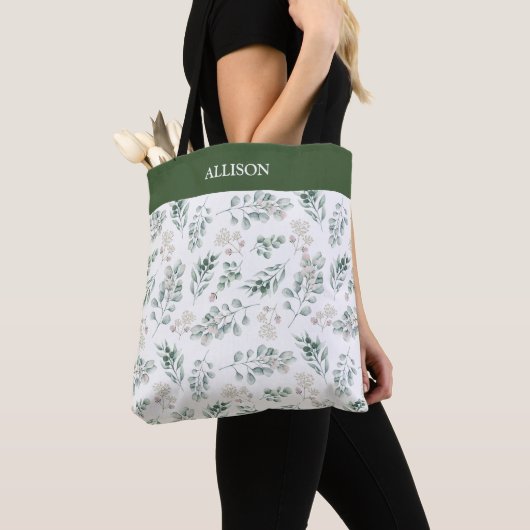 Modern Sage Green Eucalyptus Personalized Tote Bag (Dichtbij)