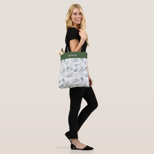 Modern Sage Green Eucalyptus Personalized Tote Bag (Op model)