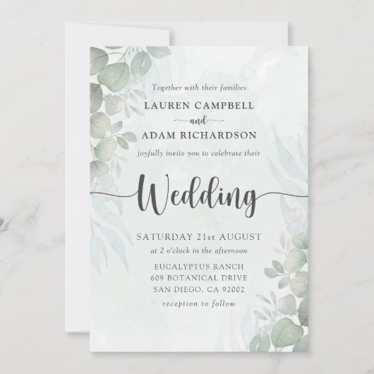 Modern Sage Green Eucalyptus Wedding Invitation Kaart (Voorkant)