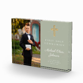 Modern Sage Green First Communion Boy Afbeelding Fotoblokken