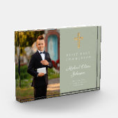 Modern Sage Green First Communion Boy Afbeelding Fotoblokken (Links)