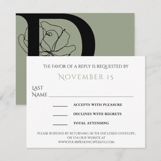 Modern Sage Green Floral Sketch Wedding RSVP Kaartje (Voorkant / Achterkant)