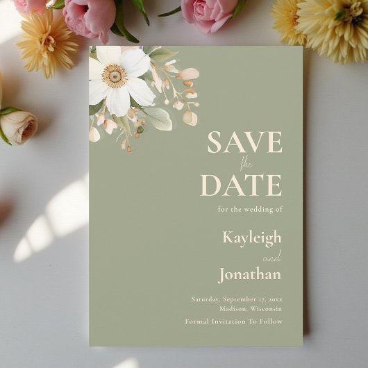 Modern Sage Green Floral Waterverf bruiloft Save The Date