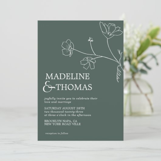 Modern Sage Green Flower Leaf Simple Photo Wedding Kaart (Staand voorkant)