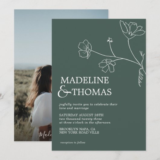 Modern Sage Green Flower Leaf Simple Photo Wedding Kaart (Voorkant / Achterkant)