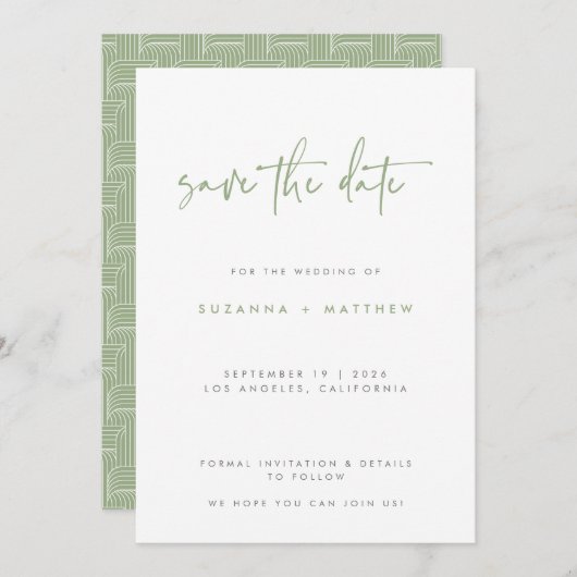 Modern Sage Green Geometric Pattern Script Weddens Save The Date (Voorkant / Achterkant)