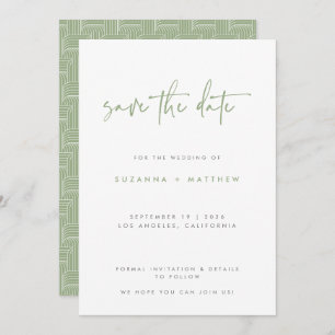 Modern Sage Green Geometric Pattern Script Weddens Save The Date