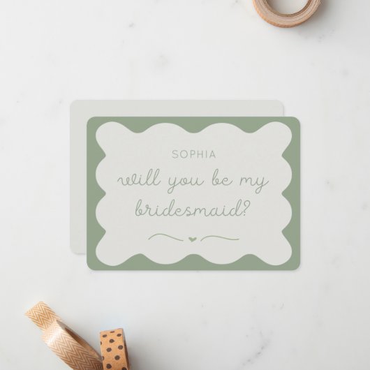 Modern Sage Green gepersonaliseerd bruidsmeisje vo Notitiekaartje (Voorkant / Achterkant in situ)