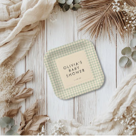 Modern Sage Green Gingham Baby shower Collectie Papieren Bordje