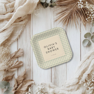 Modern Sage Green Gingham Baby shower Collectie Papieren Bordje