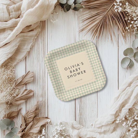 Modern Sage Green Gingham Baby shower Collectie Papieren Bordje