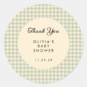 Modern Sage Green Gingham Baby shower Dank u Ronde Sticker (Voorkant)