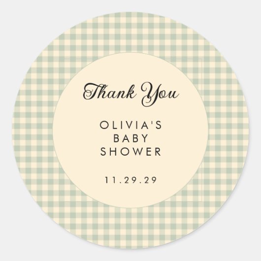 Modern Sage Green Gingham Baby shower Dank u Ronde Sticker (Voorkant)