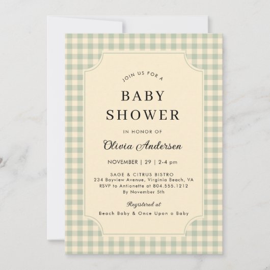 Modern Sage Green Gingham Baby shower Uitnodiging (Voorkant)