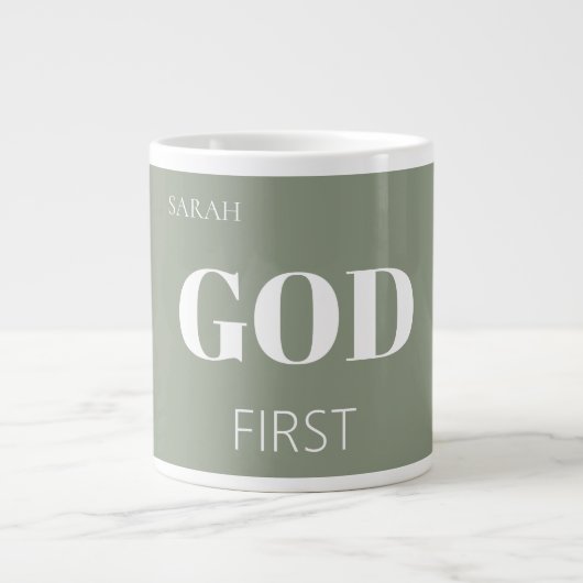 Modern Sage Green God First Faith Saying Slogan Grote Koffiekop (Voorkant)
