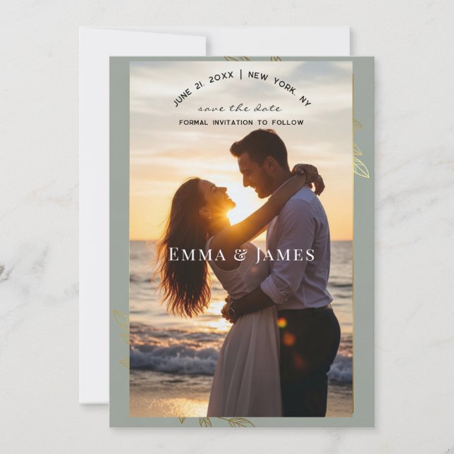 Modern Sage Green Gold Botanical Save the Date (Voorkant)