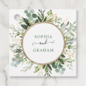 Modern Sage Green Gold Eucalyptus Weddenschap Bedankjes Labels (Voorkant)