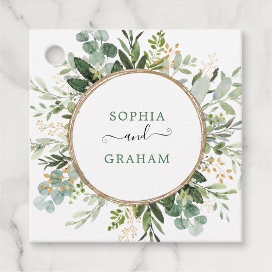 Modern Sage Green Gold Eucalyptus Weddenschap Bedankjes Labels (Voorkant)
