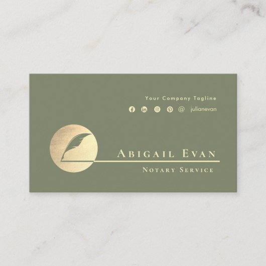 Modern Sage Green Gold Feather Logo Notary Service Visitekaartje (Voorkant)