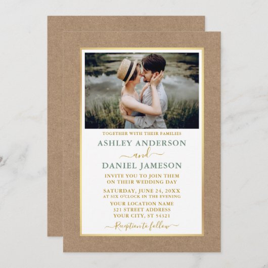 Modern Sage Green Gold Kraft Wedding Kaart (Voorkant / Achterkant)