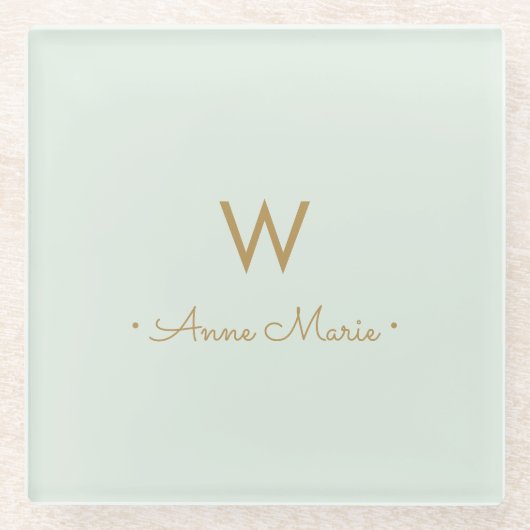 Modern Sage Green Gold Script Monogram Glazen Onderzetter (Voorkant)