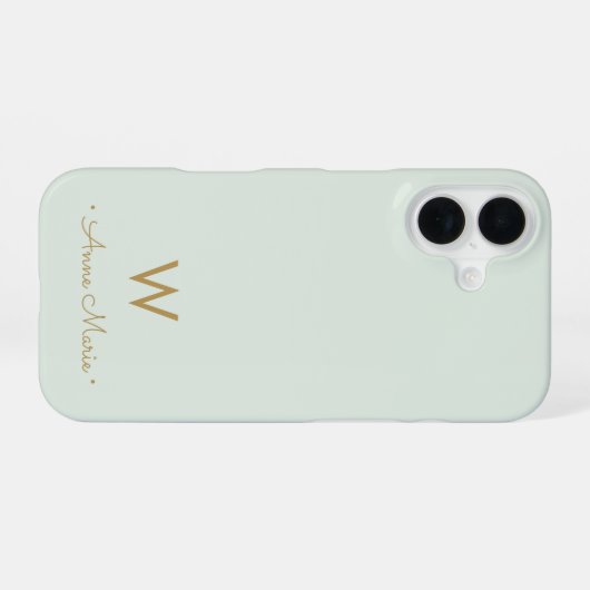 Modern Sage Green Gold Script Monogram iPhone 16 Hoesje (Achterkant horizontaal)