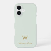 Modern Sage Green Gold Script Monogram iPhone 16 Hoesje (Achterkant)