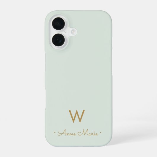 Modern Sage Green Gold Script Monogram iPhone 16 Hoesje (Achterkant)