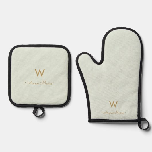 Modern Sage Green Gold Script Monogram Ovenwant & Pannenlap Set (Voorkant)