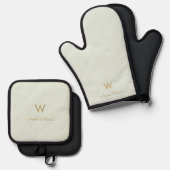 Modern Sage Green Gold Script Monogram Ovenwant & Pannenlap Set (Voorkant / Achterkant)