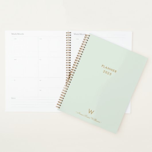 Modern Sage Green Gold Script Monogram Planner (Display)