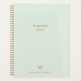 Modern Sage Green Gold Script Monogram Planner