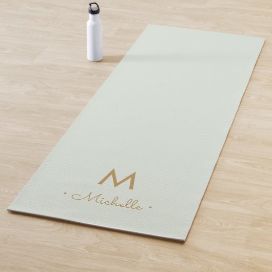 Modern Sage Green Gold Script Monogram Yogamat (In situ)
