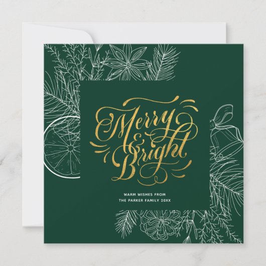 Modern Sage Green Gold Script Pine Bough Floral Feestdagenkaart (Voorkant)